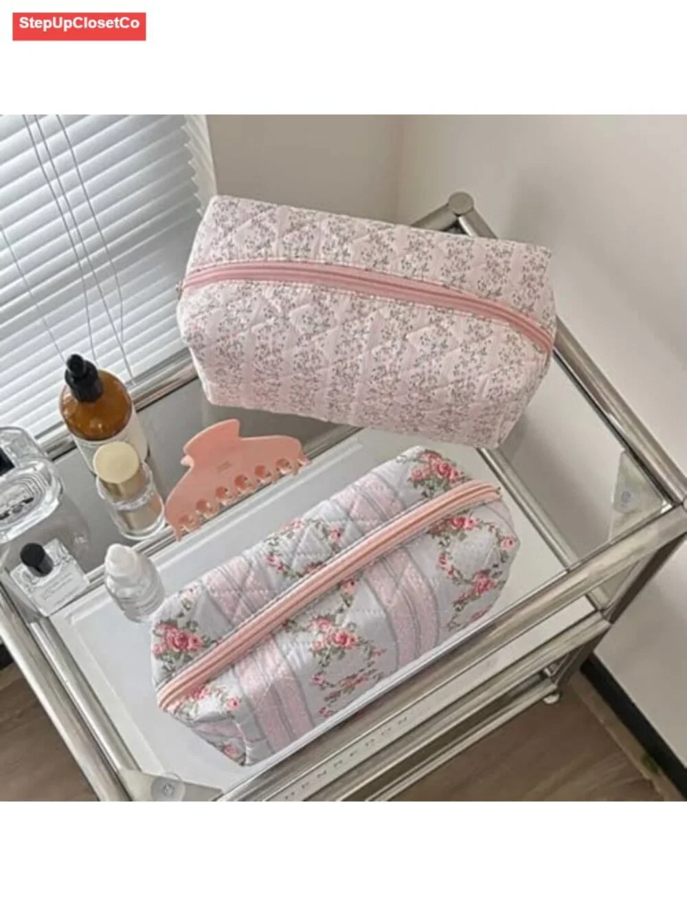 Quilted Floral Cosmetic Bag Women Travel Toiletry Makeup Organizer Portable